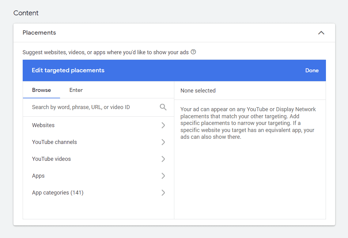 Screenshot showing the content placement interface in Google Ads, with options to suggest websites, videos, or apps for ad placements.