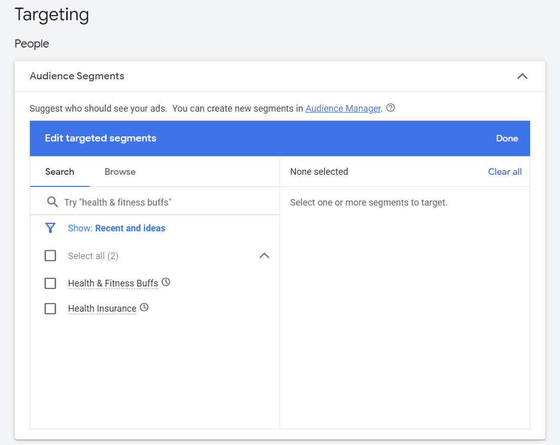 Screenshot of the Targeting section in Google Ads, displaying the Audience Segments interface where users can edit targeted segments, with suggestions for segments such as 'Health & Fitness Buffs' and 'Health Insurance'.