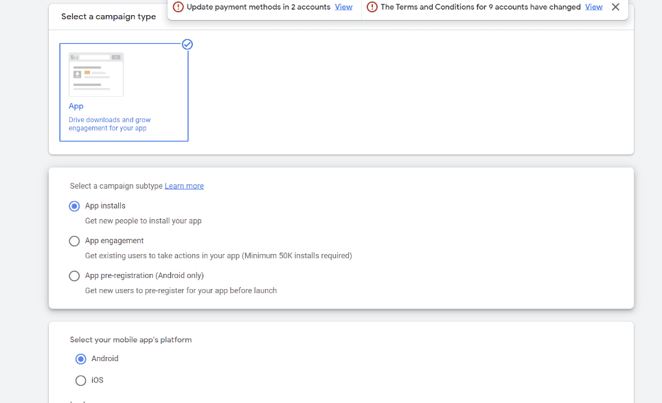 Screenshot of Google Ads campaign type selection interface focused on 'App' campaigns, offering subtypes such as 'App installs', 'App engagement', and 'App pre-registration' with platform selection options for Android and iOS.