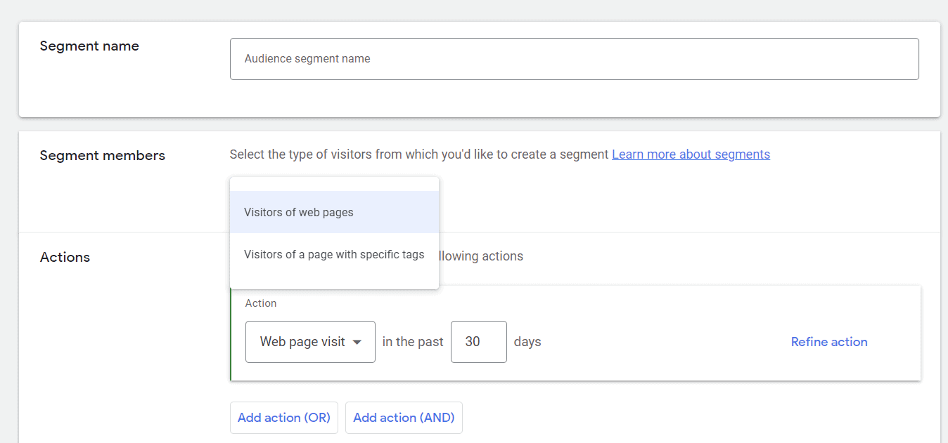 Screenshot showing the interface for creating a new audience segment in Google Analytics 4 with fields for segment name, segment members, and actions, indicating the selection of visitors of web pages.