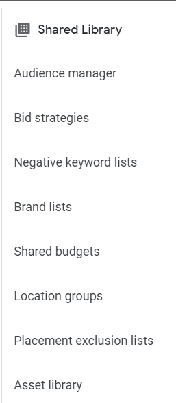 Screenshot of Google Ads' Shared Library menu with options like Audience manager, Bid strategies, Negative keyword lists, and others for campaign management.