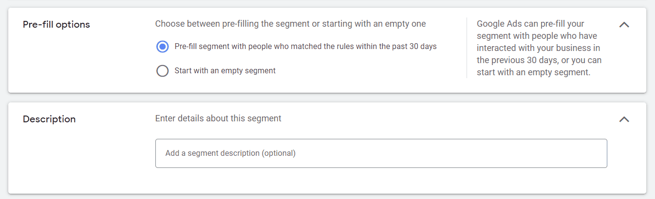 Screenshot of the segment creation interface in Google Ads with pre-fill options for the segment and an area to enter a description for the segment being created.