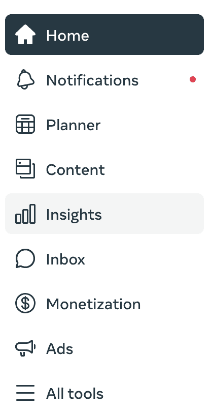 Sidebar menu of a social media platform featuring options like Home, Notifications, Planner, Content, Insights, Inbox, Monetization, Ads, and All tools