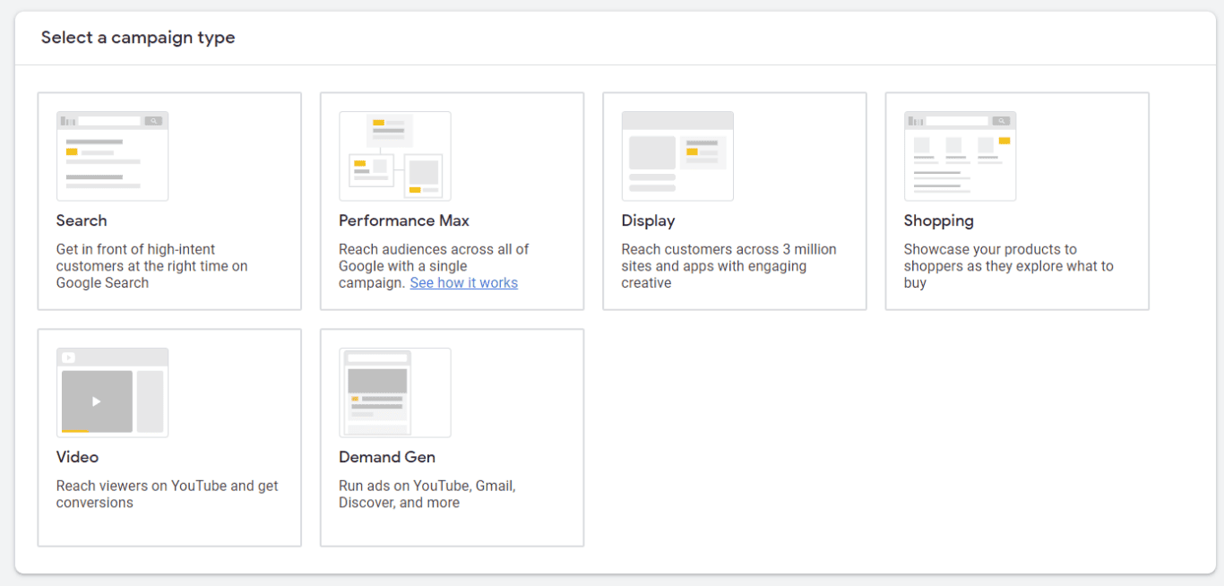 Screenshot displaying different campaign types to select in Google Ads, including Search, Performance Max, Display, Shopping, Video, and Demand Gen.