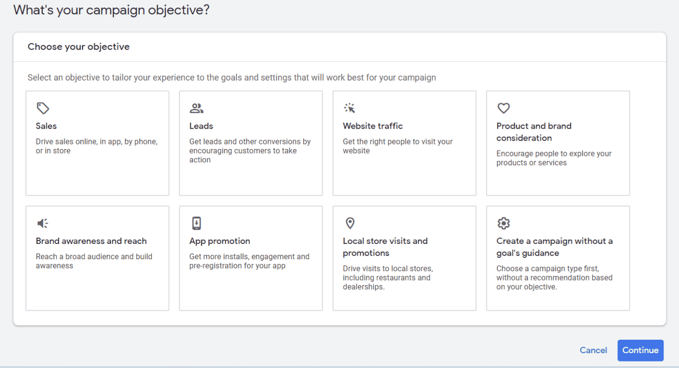 Screenshot of Google Ads campaign setup showing different campaign objectives like Sales, Leads, Website traffic, and Brand awareness and reach.