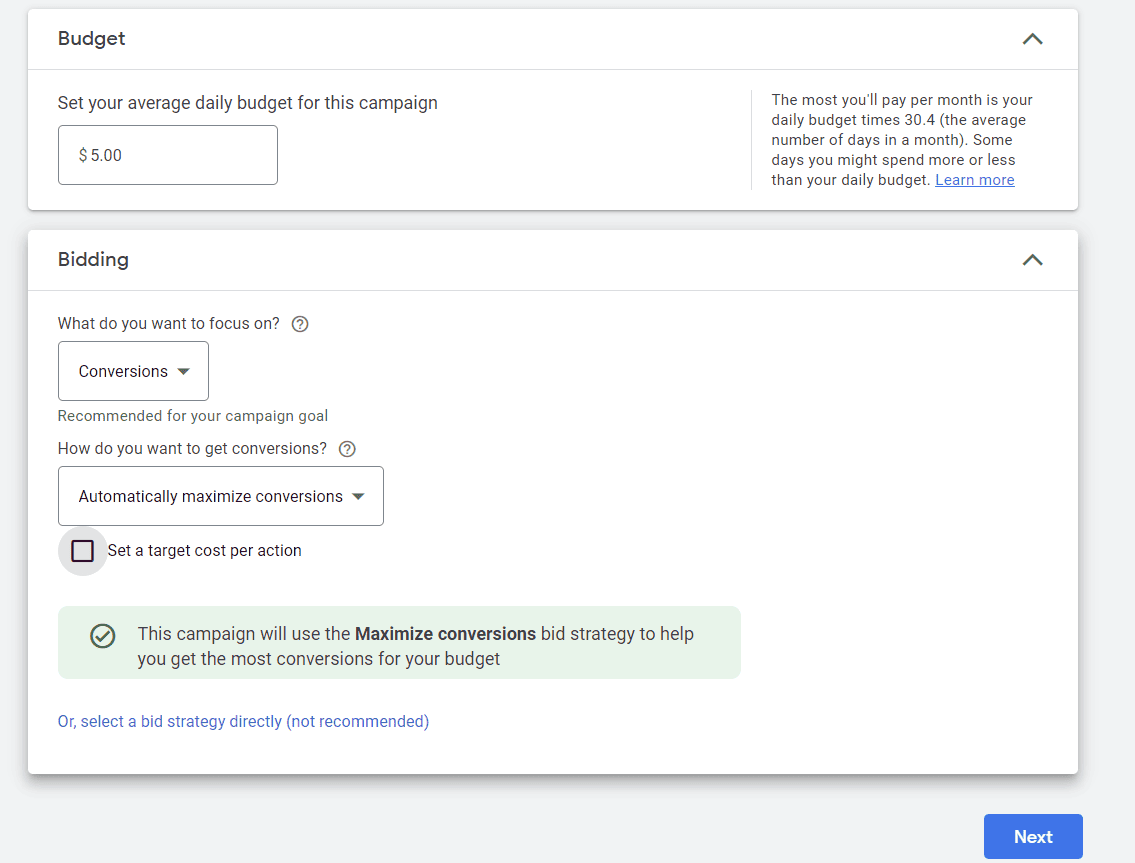 Screenshot of the budget and bidding settings in a Google Ads campaign setup, with fields for average daily budget and options for focusing on conversions.