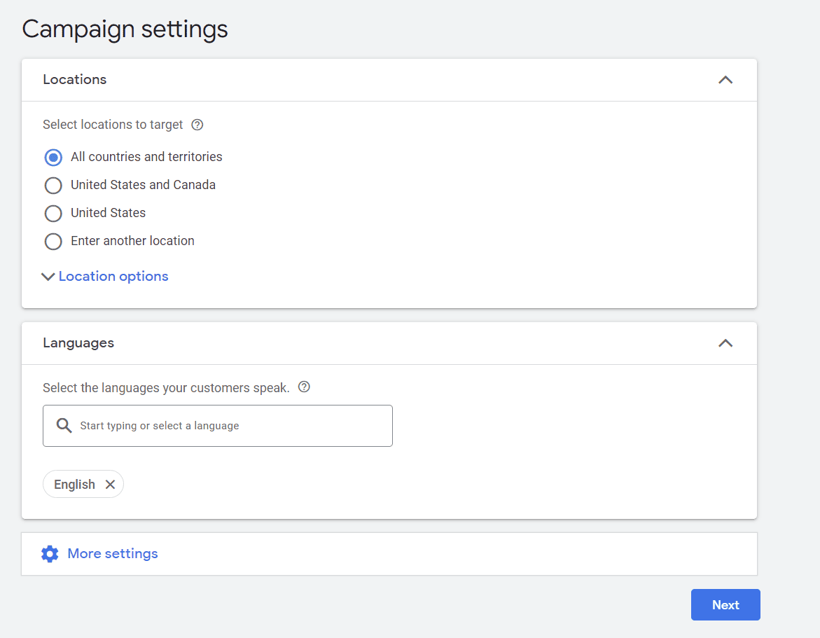 Screenshot of Google Ads campaign settings, with options to target locations and languages for the advertising campaign."