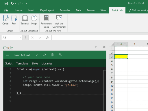 A screenshot of Script Lab, an add-in that allows users to code right in their Excel spreadsheets.