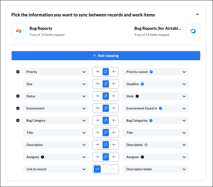 Choose fields to keep in sync between Airtable records and Azure DevOps work items.