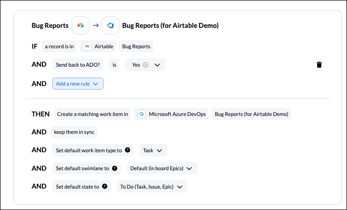 screenshot of rules to sync Airtable to Azure DevOps with Unito