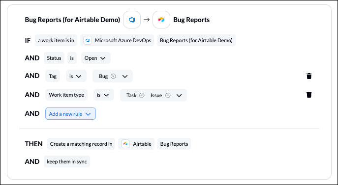 screenshot of rules to sync Azure DevOps to Airtable with Unito