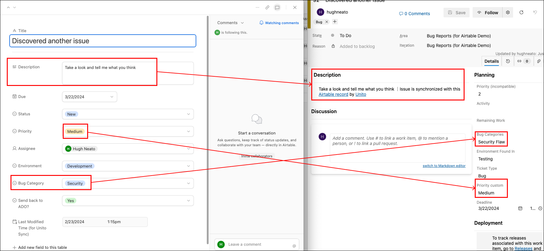 An Airtable record synced to Azure DevOps by Unito with red highlights for several synced fields.