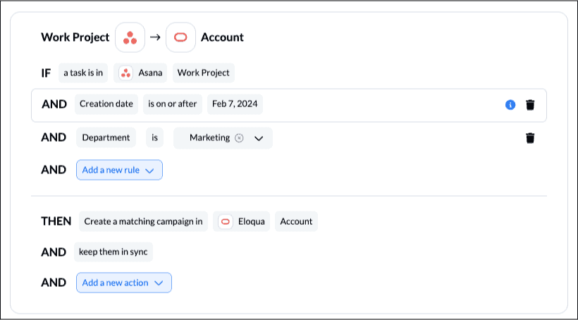 screenshot of rules to sync campaigns in Eloqua to Asana tasks with Unito