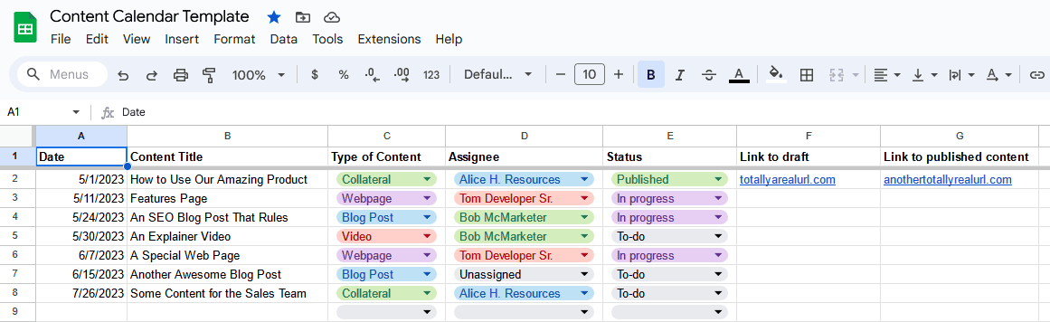 A screenshot of Unito's editorial calendar template for Google Sheets.