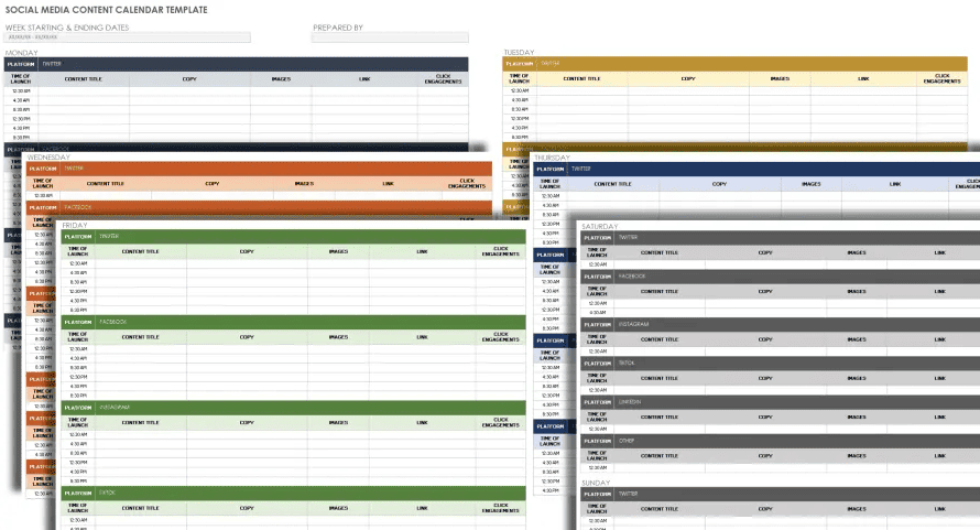 A screenshot of a social media content calendar template in Google Sheets.