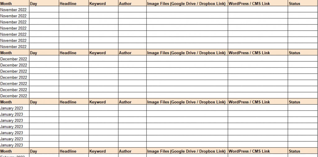 A screenshot of a blog content calendar template for Google Sheets.