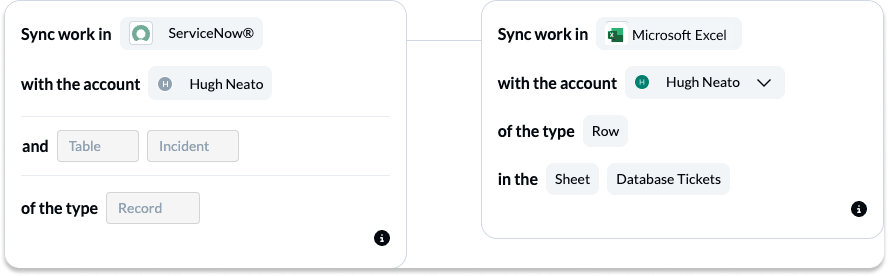 A screenshot of the Unito block of work selection screen, with ServiceNow and Excel connected.