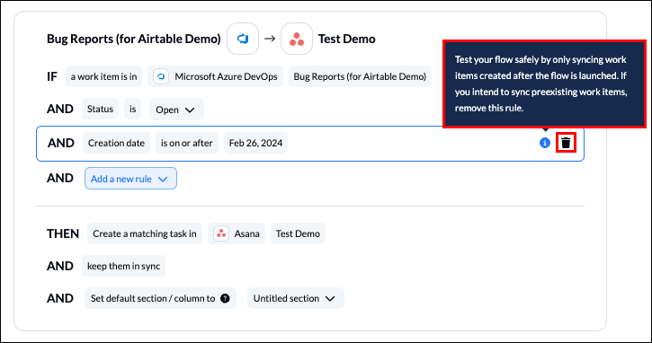 A screenshot of the notice explaining test mode in Unito's rules section to remove the creation date filter and sync historical work items.