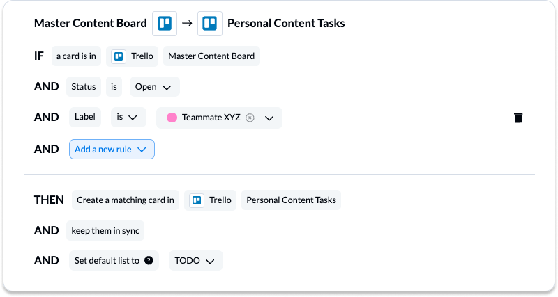 Screenshot of rules in Unito to sync a Trello design board to a marketing board with 2-way sync.