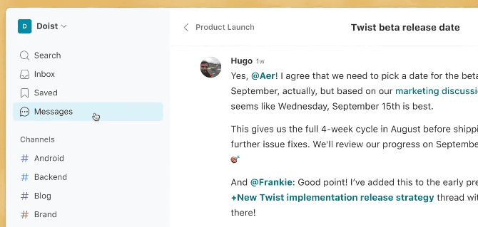 A screenshot of Twist, a Slack alternative.