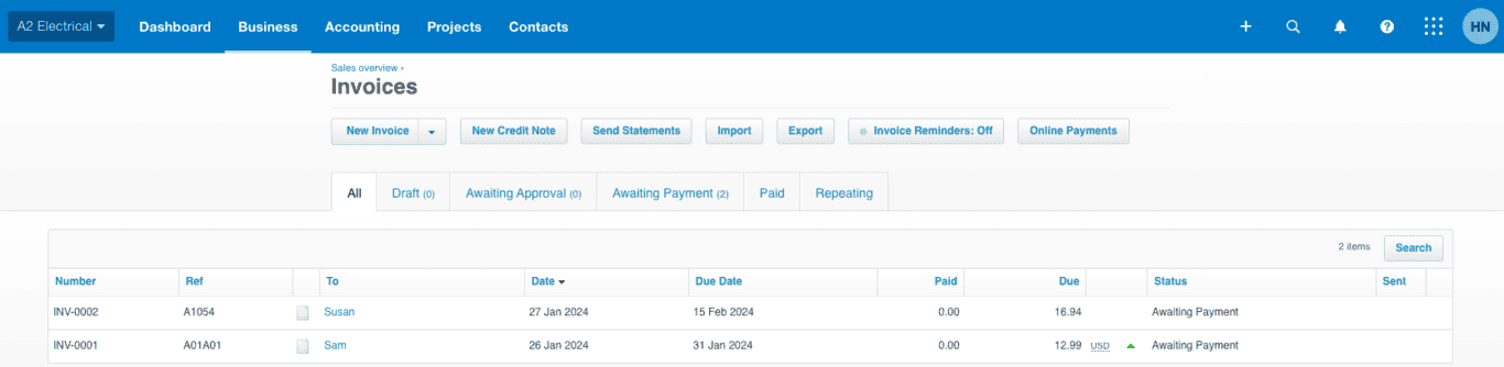 An example invoice from Xero