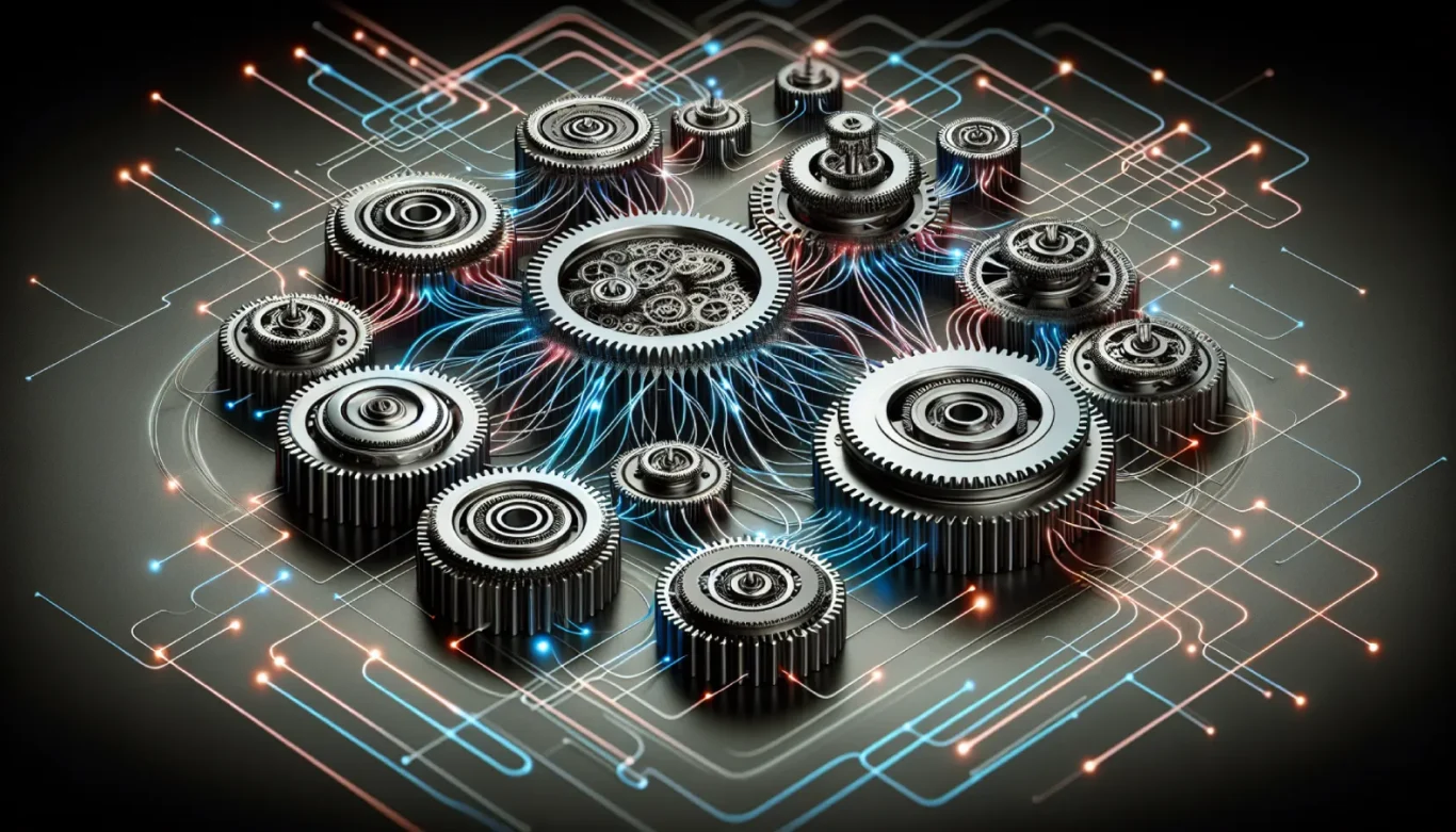 An illustration of gears and glowing lines.