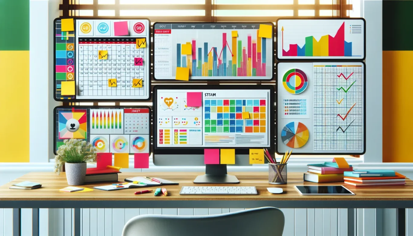 An illustration of multiple computer monitors with post-it notes and charts.