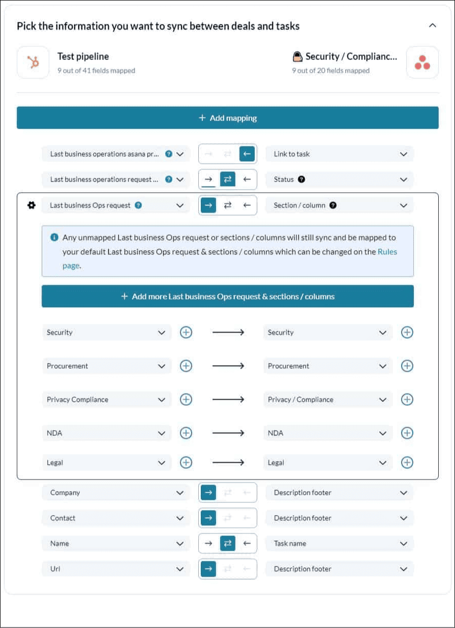 Set up field mappings to keep Asana tasks and HubSpot deals in sync