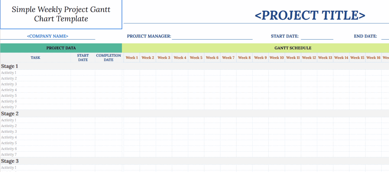 A screenshot of a simple weekly Gantt Chart Template.