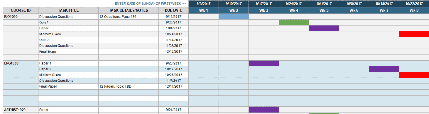 A Gantt chart template specifically designed for students.