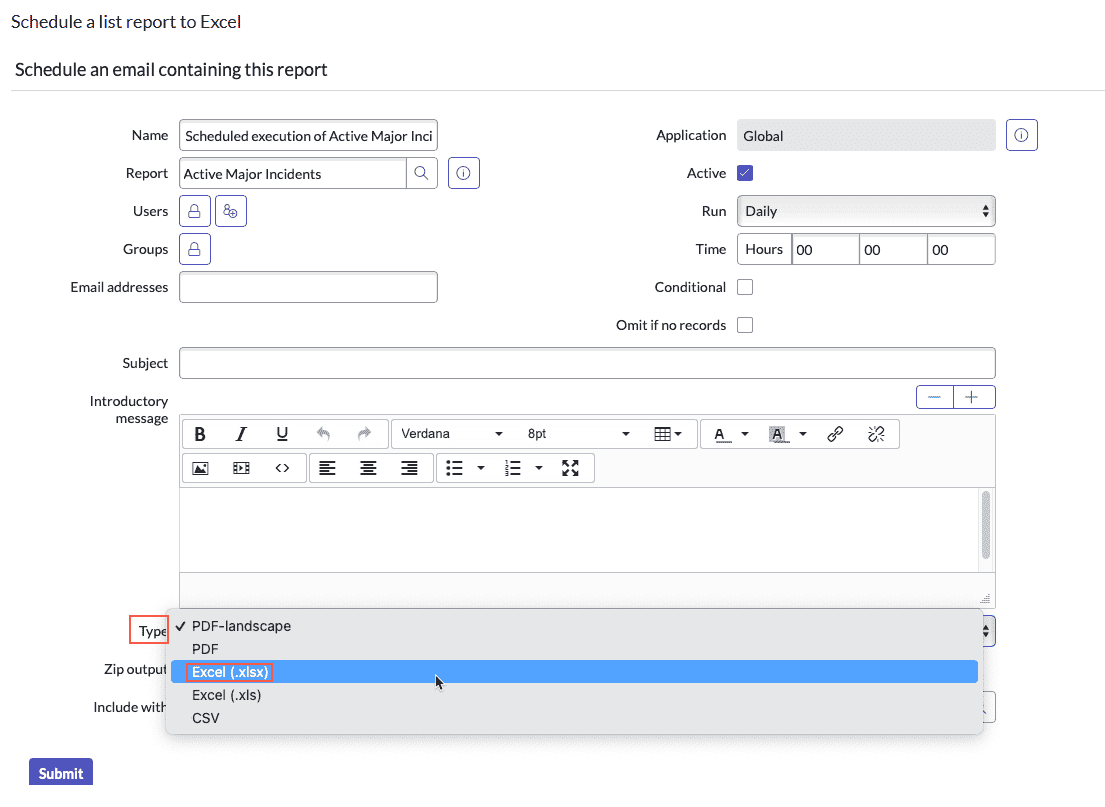 A screenshot of a ServiceNow report being exported as an Excel file.