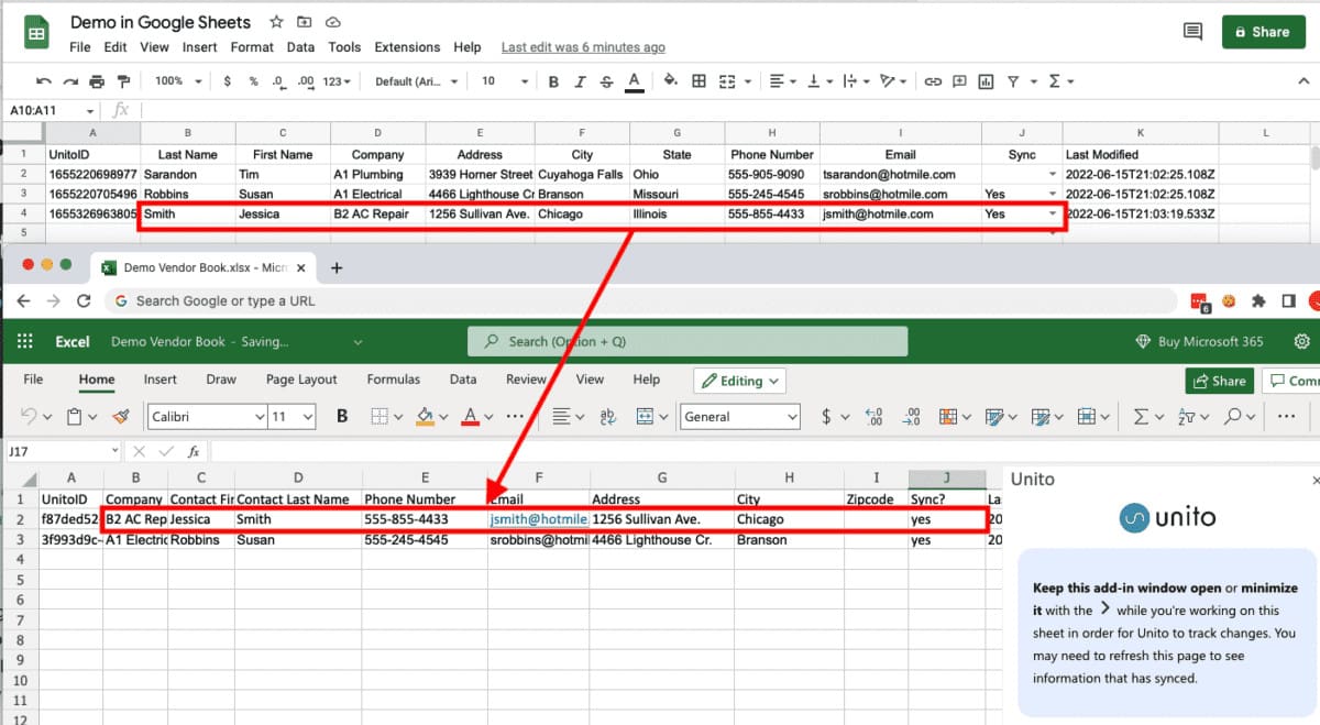 Screenshot of Unito syncing data between Google Sheets and Microsoft Excel