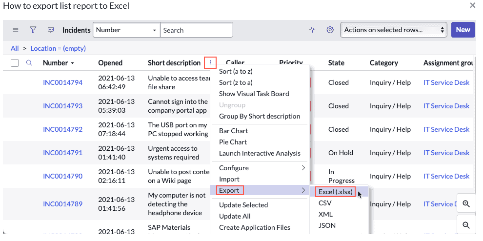 A screenshot of a ServiceNow list being exported to Excel.