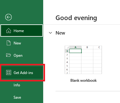 A screenshot of Excel, with the Get Add-ins button highlighted.