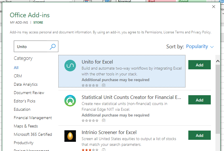 A screenshot of the Office Add-ins screen, with Unito highlighted.