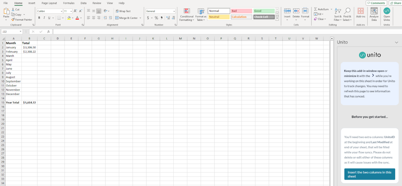 A screenshot of an Excel spreadsheet with the Unito add-in installed.