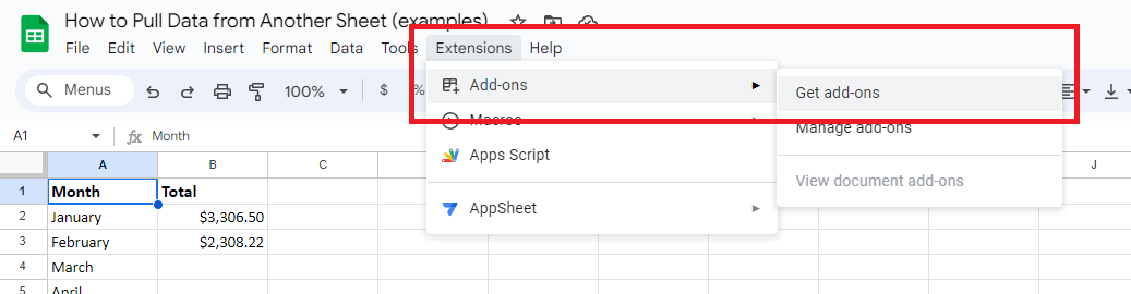 A screenshot of Google Sheets with the Extensions menu open.