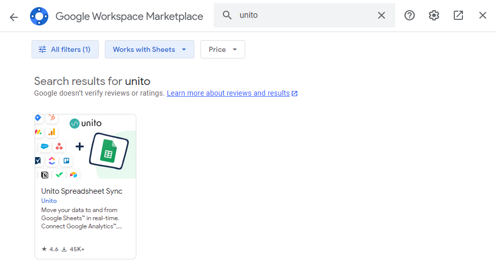 A screenshot of the Google Workspace Marketplace, showing Unito Spreadsheet Sync.