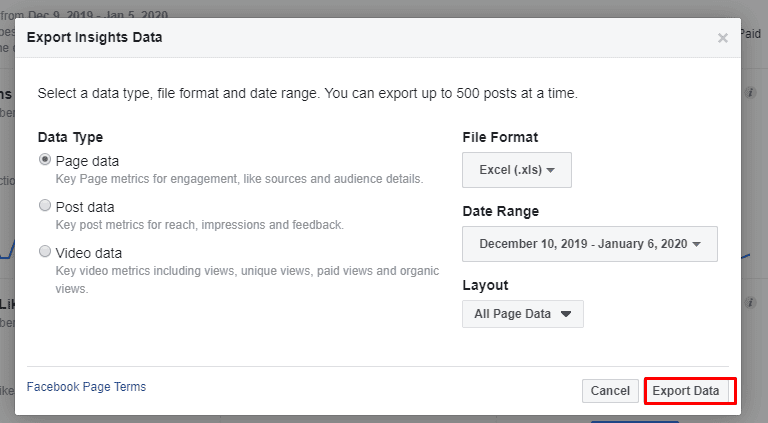 A screenshot of the Export Insights Data screen from Facebook Insights.