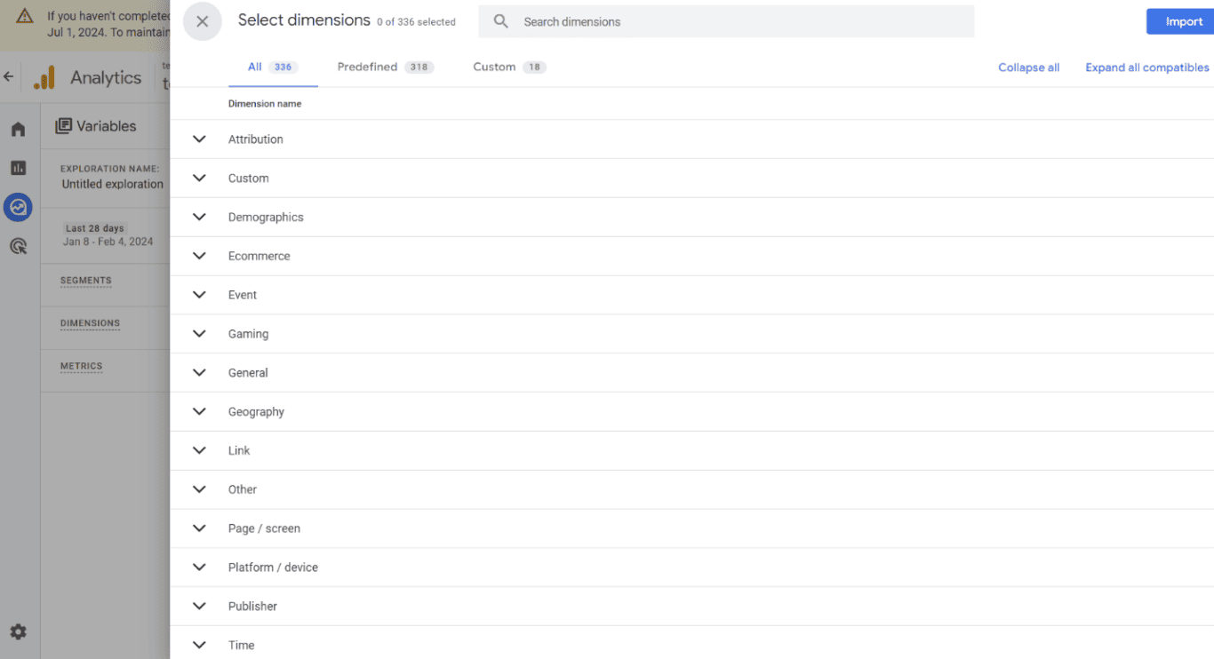 Google Analytics 4 interface for selecting custom dimensions from a list for detailed data analysis in an exploration.