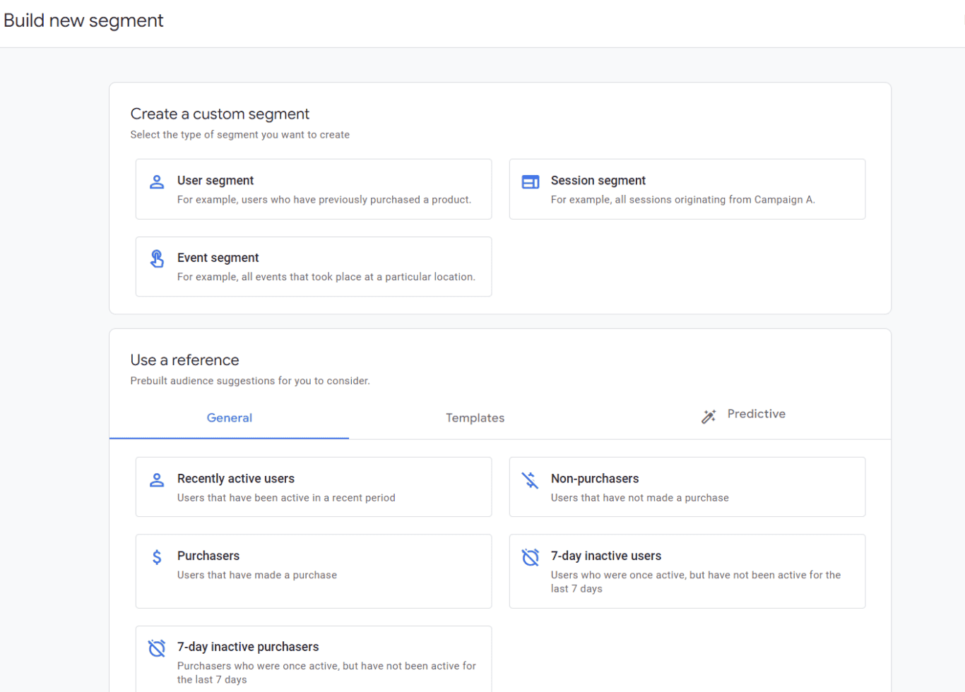 Google Analytics 4 segment builder offering options for creating custom user and event segments for targeted analysis.