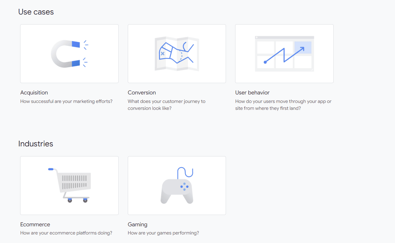 Section in Google Analytics 4 showcasing use cases for acquisition, conversion, user behavior and industries like ecommerce and gaming.