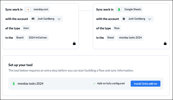 Screenshot of Unito's flow builder showing how to connect monday.com to Google Sheets and verify the Google Sheets extension to sync data 2-ways. 