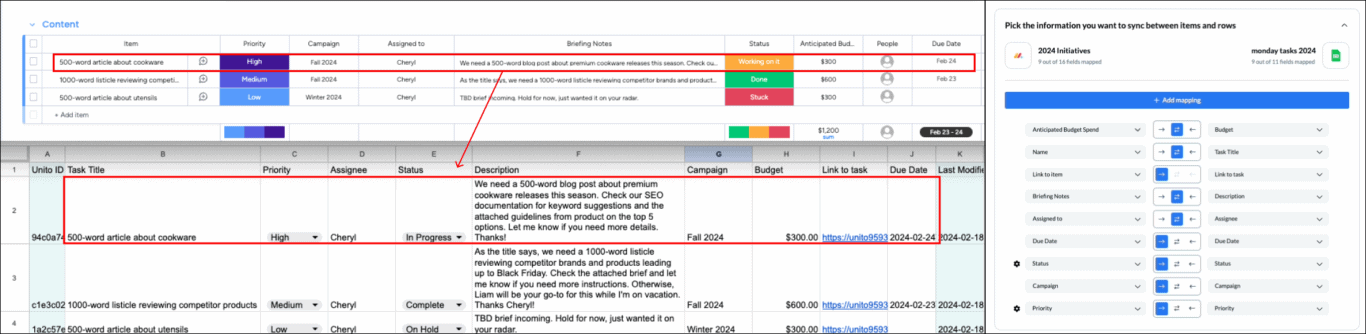 A screenshot showing how monday.com fields sync to Google Sheets with the corresponding field mapping table in Unito