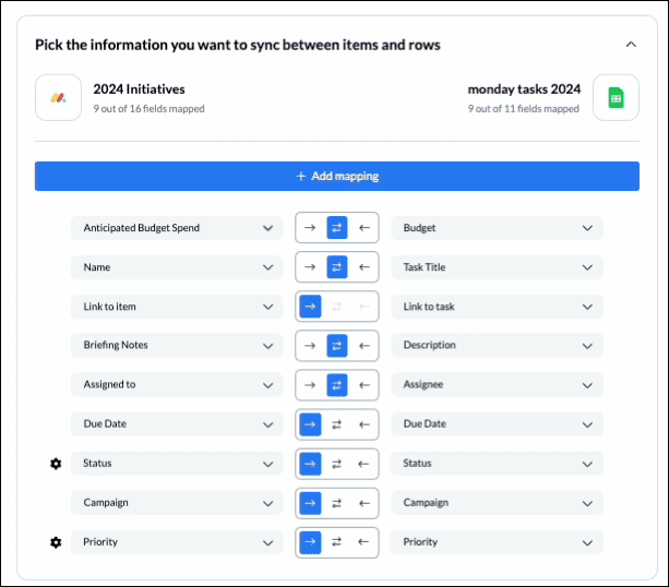 Customize field mappings to sync rows between monday.com and Google Sheets