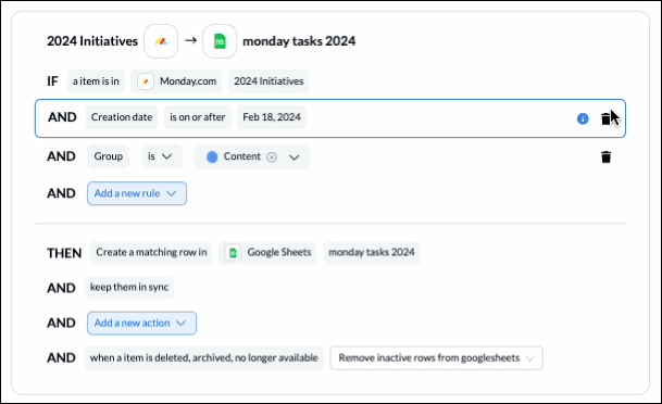 Screenshot of setting rules to filter data between monday.com and Google Sheets