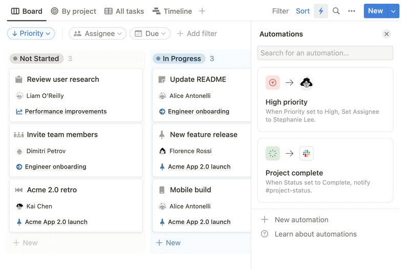 A screenshot of a Notion database with the automations side panel open.