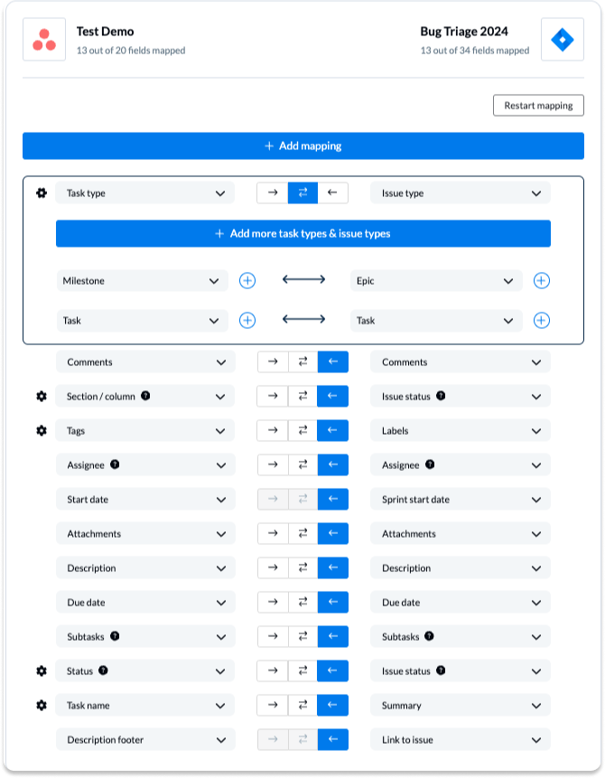 Jira to Asana Field Mappings with Unito