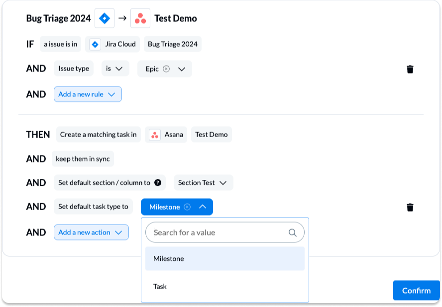 Jira to Asana Rules with Unito to sync only epics