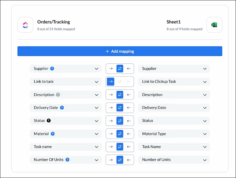 Pairing or linking fields between ClickUp and Excel for a Unito 2-way sync